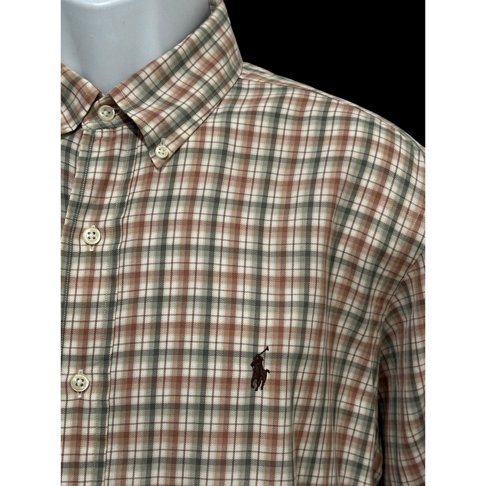 Polo Ralph Lauren Mens Shirt Oxford Check Tan Green Brown‎ Pony Button Down L